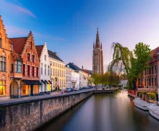 Beautiful view of Bruges old historical town during sunset in Belgium