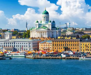 Aerial view of Market Square at the Old Town pier in Helsinki, Finland