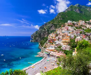 The Amalfi Coast with houses and beautiful blue sea in Italy