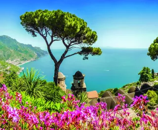 Amalfi Coast from Villa Rufolo gardens in Ravello, Campania, Italy