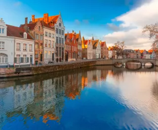 Spiegelrei water canal with beautiful houses in Bruges, Belgium