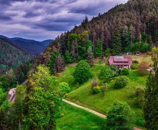 Aerial of the Black Forest with dark clouds in Schwarzwald, Germany