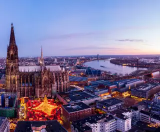 Aerial shot of the Cologne Christmas Markets during sunset in Germany