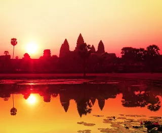 Angkor Wat during sunrise with a beautiful orange sky in Siem Reap, Cambodia