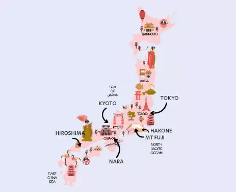 Map of Japan in Cherry Blossom pink