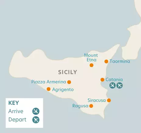 Airline map of arrivals and departures in Sicily, Italy