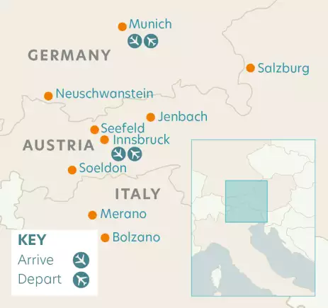 Route map depicting locations of the Austrian Tyrol tour