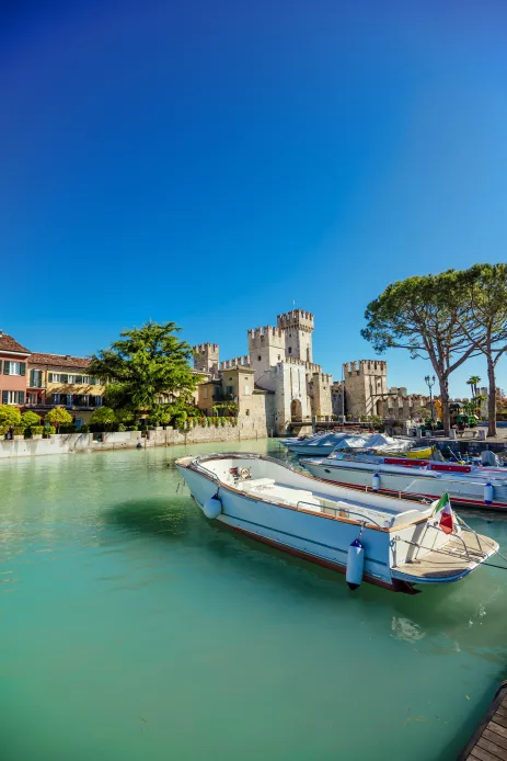 Sirmione town with the Scaligero Castle on Lake Garda in Lago di Garda, Italy 