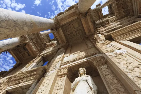 Upwards view The Library of Celus Ephesus exterior walls and pillars