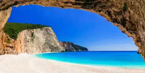 Beautiful Greek beach with turquoise waters from cave view in Lefkada, Ionian islands