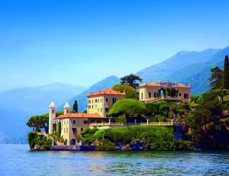 View of Villa del Balbianello building from Lake Como in Italy