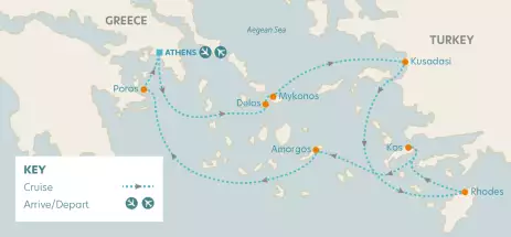 Map of cruise journey, arrivals and departures aboard the Star Clipper ship