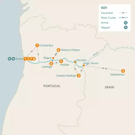 Map of cruise journey, arrivals and departures in Portugal and Spain