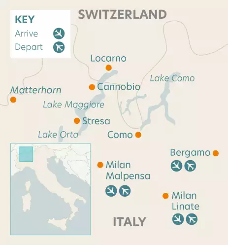 Airline map of arrivals and departures in Italy and Switzerland