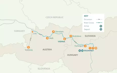 Route map depicting the stops along the Blue Danube River