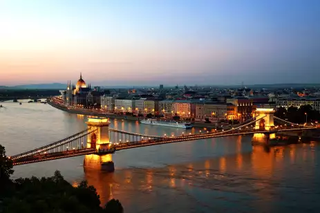 View of Chain Bridge, Hungarian Parliament and River Danube in Budapest, Hungary