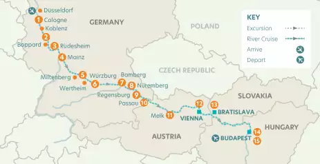 Map of cruise journey, arrivals and departures in Europe