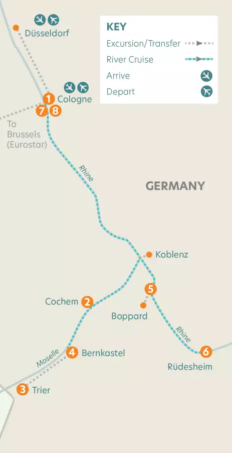 Route map of Rhine and Moselle River Cruise