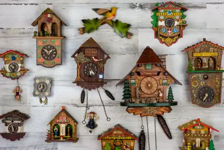 Antique cuckoo clocks on a white wall