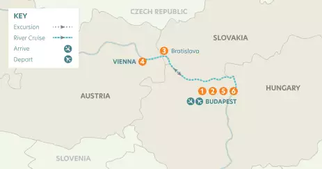 Map of cruise journey, arrivals and departures in Budapest, Bratislava and Vienna
