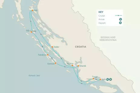 Route map depicting locations along the Split, Rab & Undiscovered Islands of the North tour 