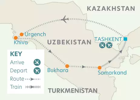 Map of train routes and airline arrivals and departures in Uzbekistan