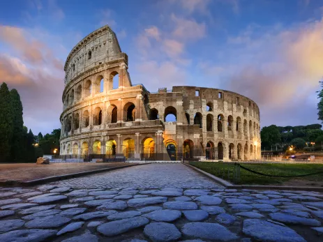 View of the Colosseum in Rome at dusk, Italy