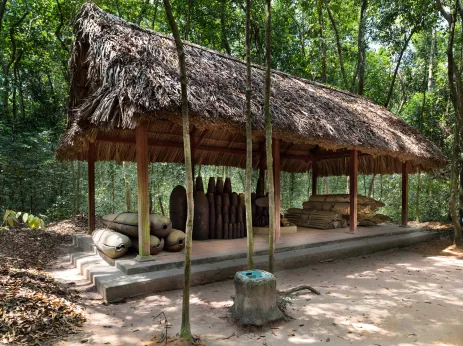 Sheltered war bombs and combat equipment at Cu Chi Tunnel in Vietnam