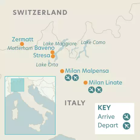 Airline map of arrivals and departures in Italy