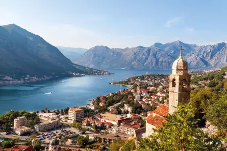 Bay view of the Montenegrin town Kotor and the belltower of Church of Our Lady of Remedy